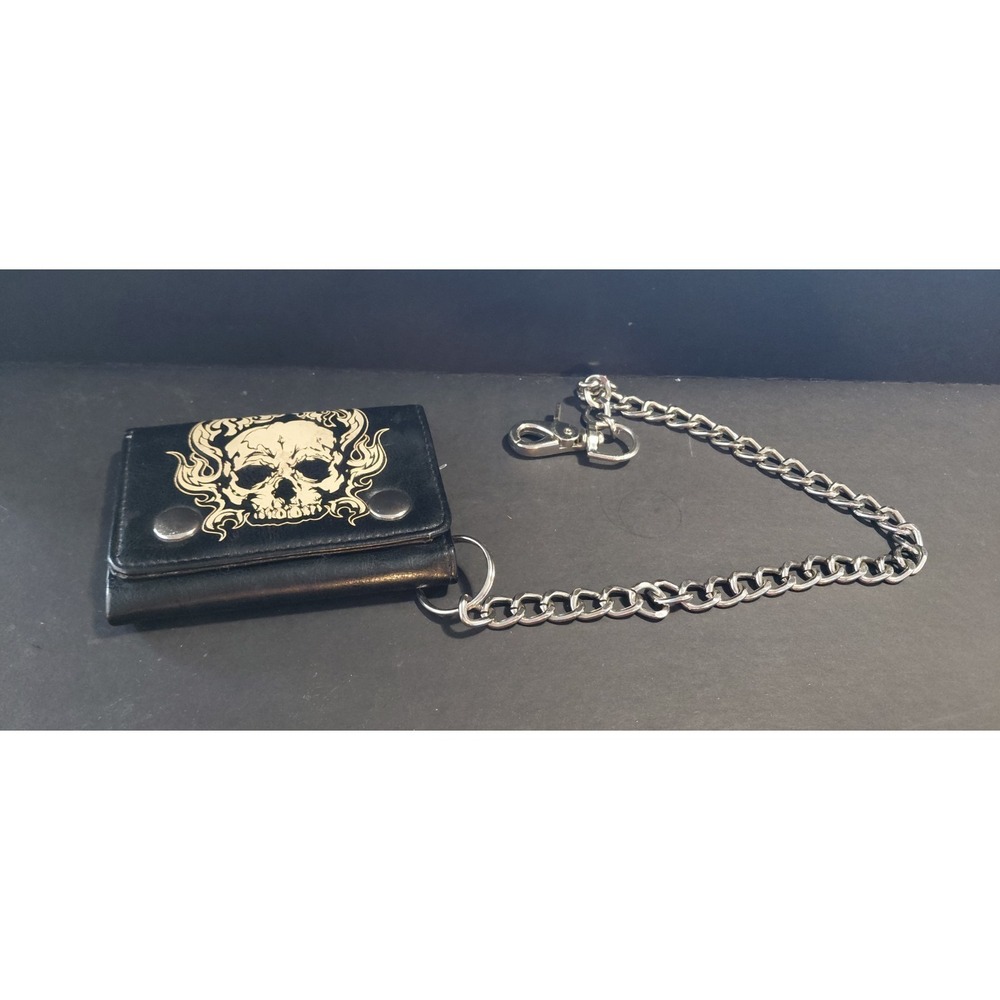 gothic biker-style wallet skull graphic men's trifold heavy-duty chain    wallet